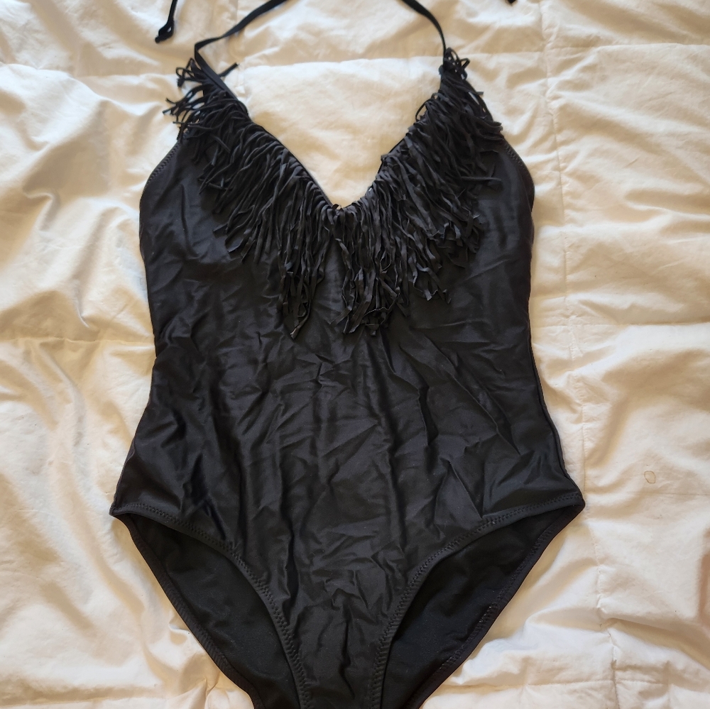 Black Fringe Halter Swimsuit